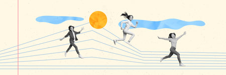 Collage artwork graphics picture of carefree excite children enjoying good weather isolated painting backgroundの写真素材