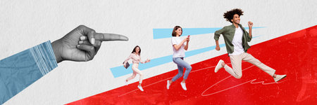 Panorama composition collage illustration of funny run teamwork together boss direct finger hurry deadlines isolated on white backgroundの写真素材
