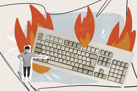 Collage artwork magazine of aggressive young guy chief hand showing huge keyboard scream work...
