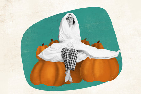 Composite illustration creative photo collage of good mood sleepy woman covered blanket sit on pumpkin isolated on drawing backgroundの写真素材