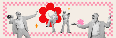 Photo collage artwork minimal picture of smiling funky senior guy having retro disco fun isolated graphical backgroundの写真素材