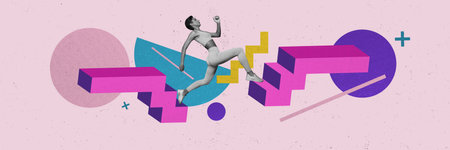 Creative 3d collage image of excited purposeful lady running achieving aim isolated colorful pink backgroundの写真素材