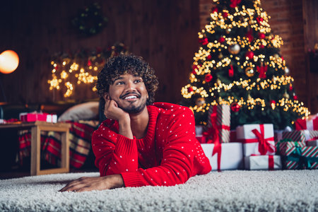 Photo of handsome man touch cheek enjoying how his home decorations christmas tree illumination garland indoors home fir tree backgroundの写真素材