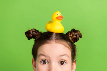 Photo of good mood impressed small schoolgirl dressed blue sweatshirt hiding with duck toy on head isolated on green color backgroundの写真素材