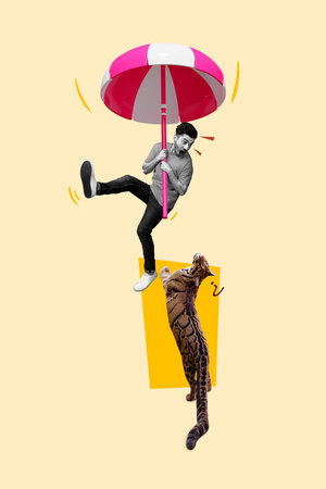 Vertical collage picture of terrified black white colors guy hold flying sun umbrella questioned confused tiger isolated on beige backgroundの写真素材