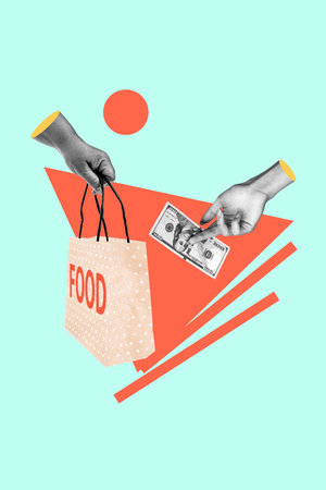 Creative vertical template collage advertisement food delivery concept payment courier usd banknote...
