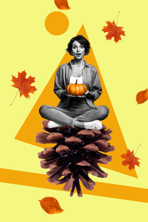 Vertical collage of astonished black white effect mini girl sit big cone arms hold pumpkin isolated on yellow backgroundの写真素材
