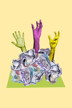 Vertical collage image of zombie people arms stick pile stack crumpled dollar banknotes bills isolated on beige backgroundの写真素材