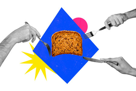 Retro 3d magazine collage image of arms sharing fresh bread loaf isolated white color background