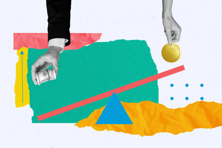 Artwork collage image of black white effect arms hold dollar bills coin scales weighing isolated on creative backgroundの写真素材