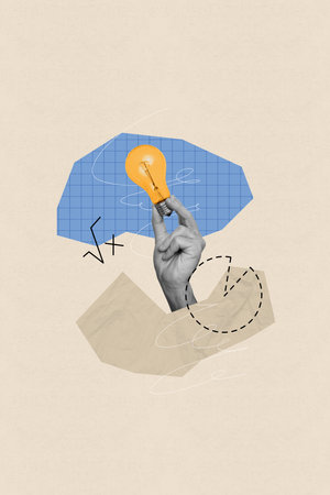 Vertical creative abstract composite photo collage of human hand hold lamp solving mathematics tasks...