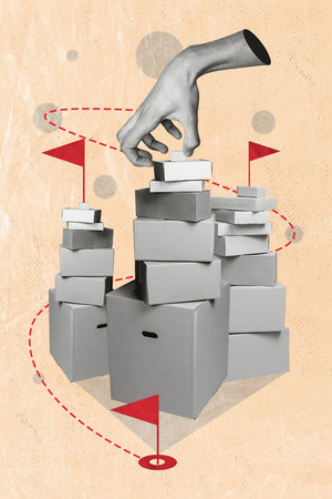 Vertical collage picture of black white colors arms put mini carton box parcel pile stack...