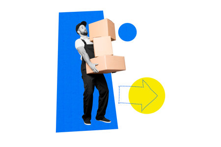 Collage picture of black white colors courier guy arms hold deliver pile stack boxes arrow pointer isolated on creative backgroundの写真素材