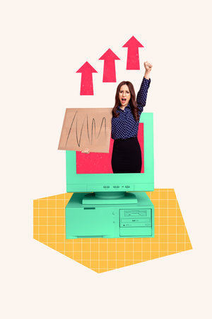 Artwork magazine collage picture of excited lady striping placard inside vintage computer screen...