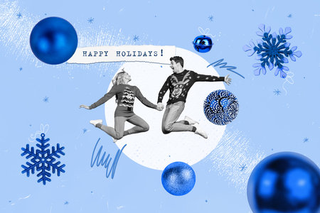Creative trend collage of funny couple jumping have fun date christmas new year greeting card template holiday x-mas congratulationの写真素材