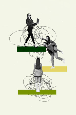 Vertical creative composite illustration photo collage of happy cheerful people work together having fun isolated drawing backgroundの写真素材