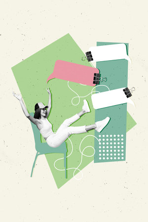 Picture image collage of cheerful positive lady sitting chair announcing information isolated on...