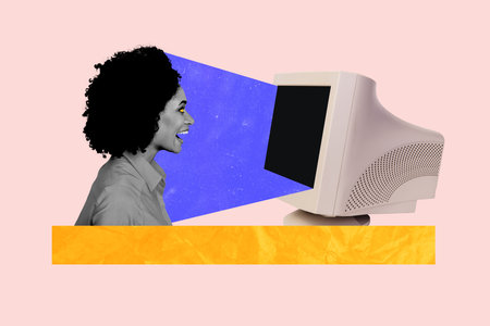 Collage illustration of funny zombie stupid default user internet woman watching propaganda monitor...