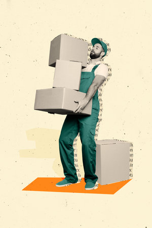 Vertical creative composite photo collage of courier wear green overall cap deliver packages on address isolated on beige color backgroundの写真素材
