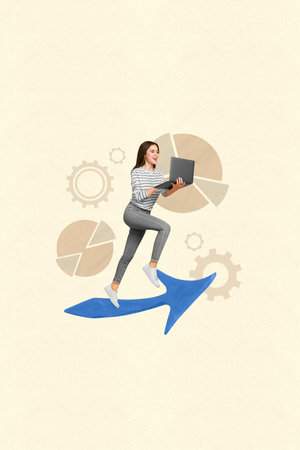 Vertical creative composite photo collage of happy woman look at laptop read emails analyzing productivity isolated on drawing backgroundの写真素材