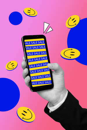 Promo advertising collage picture new smartphone gadget touchscreen sale wallpaper black friday smile emoji isolated on drawn backgroundの写真素材