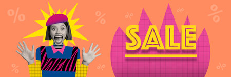 Creative horizontal collage advertisement discounts proposition crazy toy woman face open mouth scream sale isolated on orange backgroundの写真素材