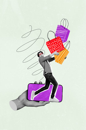 Vertical creative composite photo collage of hand hold smratphone with funny careless man catch shopping bags isolated painted backgroundの写真素材