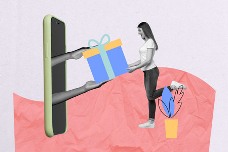 3d collage image of black white arms big smart phone display give deliver mini girl giftbox isolated on paper backgroundの写真素材