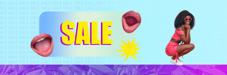 Horizontal banner billboard collage of beautiful charming girl presenting special seasonal sale...