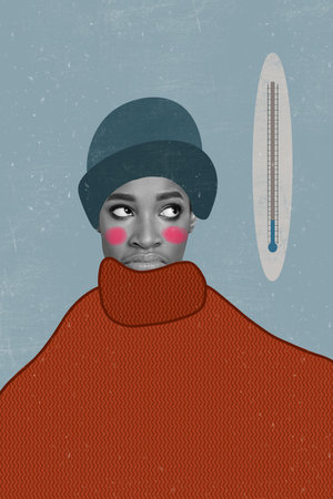 Collage artwork graphics picture of unhappy sad lady guy looking low temperature thermometer...