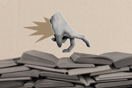 Image poster collage of human arm finger open books textbooks lesson homework isolated on creative backgroundの写真素材