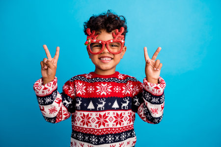 Photo of toothy beaming little boy with curly hair dressed ornament sweater funny glasses show...