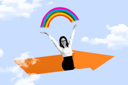 Collage pop art image of cheerful charming lady demonstrating rainbow standing for equal rights isolated on drawing backgroundの写真素材