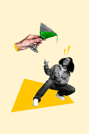 Vertical collage picture of excited mini black white colors girl point fingers arm hold big cocktail glass isolated on beige backgroundの写真素材