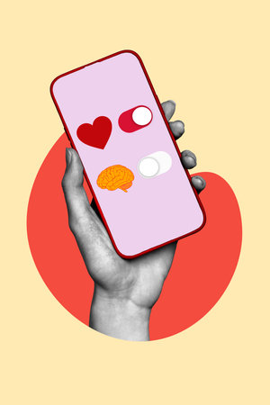 Vertical collage image of black white effect arm hold smart phone screen turn on off heart brain button isolated on beige backgroundの写真素材