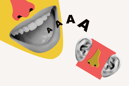 Composite collage picture of painted face talking mouth say tell communicate mini black white colors...