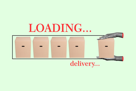Creative composite illustration abstract photo collage of human hands loading boxes packages on...