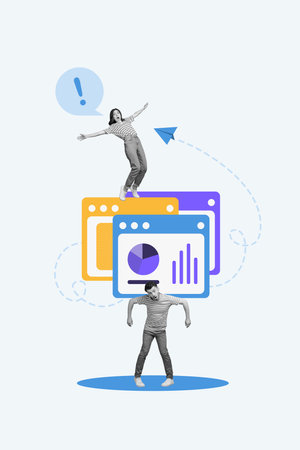 Vertical creative composite illustration 3d photo collage of astonished people overloaded at work...
