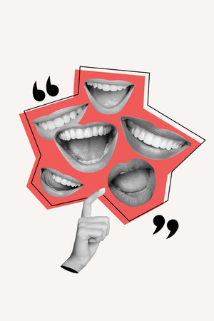 Vertical collage image of black white effect arm finger quote bubble talking mouth smile tongue lick...
