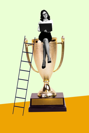 Photo collage artwork minimal picture of successful lady achieving success isolated graphical backgroundの写真素材