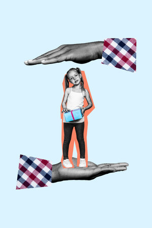 Vertical artwork collage of cute kindergarten kid playing open her gift box present measurement her height isolated on blue backgroundの写真素材