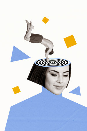 Vertical collage image of mini black white effect guy diving jumping inside big girl hypnotic head isolated on drawing backgroundの写真素材