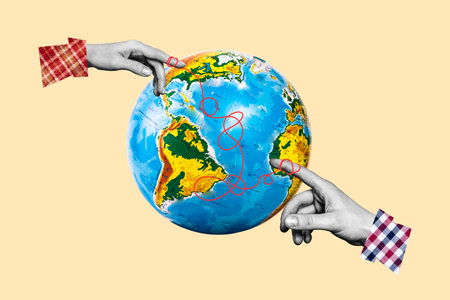 Composite collage image of two black white effect arms index fingers tied connected string planet...