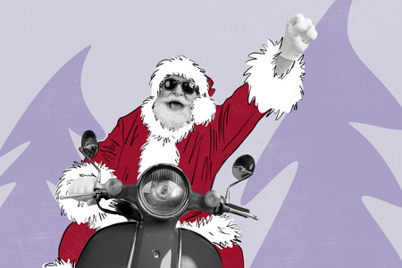 Creative abstract template collage of funny excited santa claus fast scooter drive new year x-mas magazine sketch christmas shopping advertの写真素材