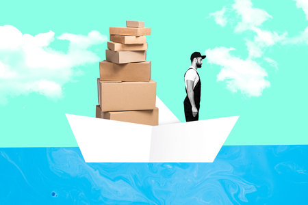 Poster banner collage of deliveryman in boat shipping client around world distribute orders around...