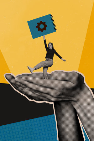 Collage 3d pinup pop retro sketch image of carefree lady walking arms creating start up isolated painting backgroundの写真素材
