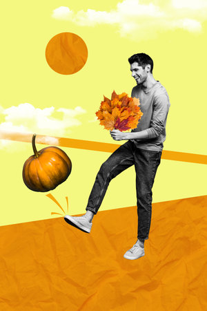 Vertical collage image of excited black white effect guy hold fallen maple leaves leg kick pumpkin clouds sky isolated on autumn backgroundの写真素材