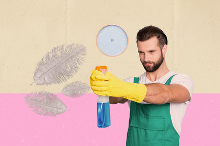 Collage picture of positive cleaner man hands rubber gloves hold pulverizer detergent spray flying...