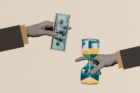 Artwork collage image of two black white effect arms hold dollar bills banknotes glass sand clock...