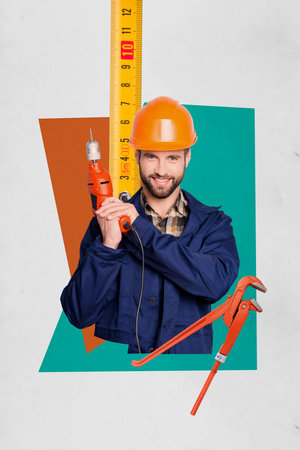 Creative drawing collage picture of young man builder hold drilling reconstruction renovation tape measure working magazine sketchの写真素材